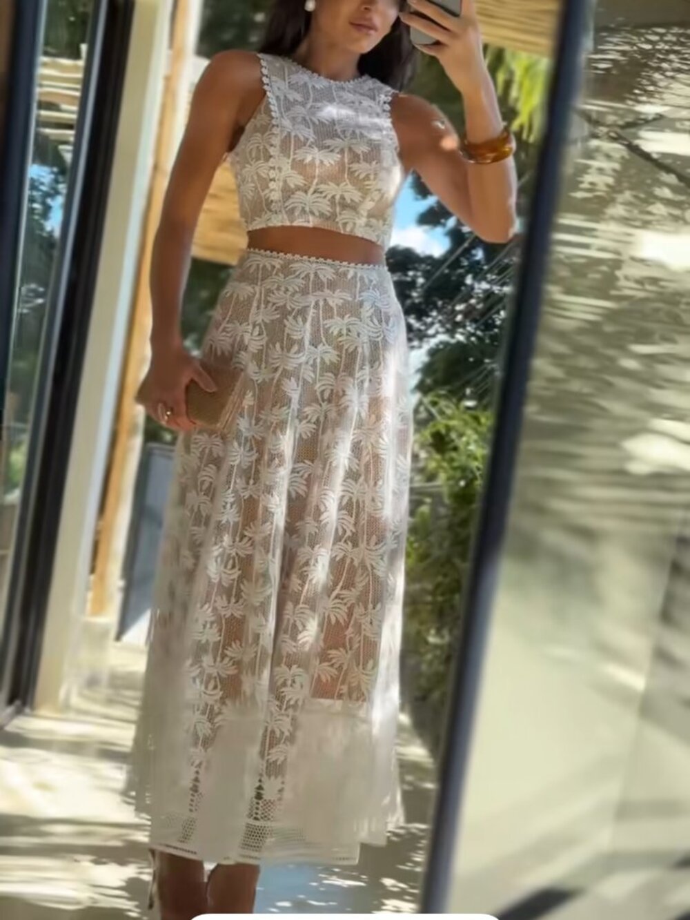 White Palm Tree Lace Crop Top & Maxi Skirt Set Size L